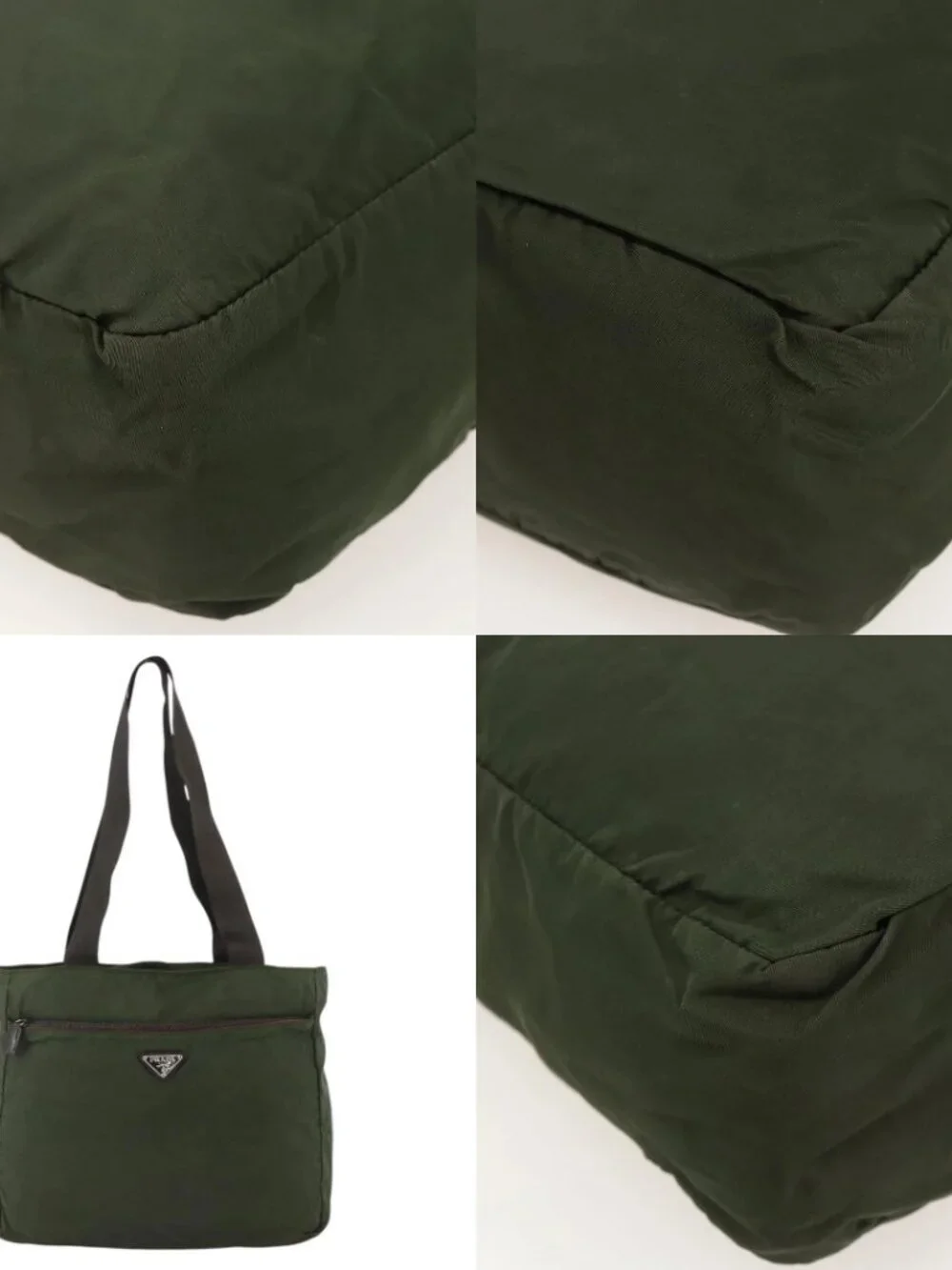 PRADA Tote Bag Nylon Khaki Silver Auth YKZ1160